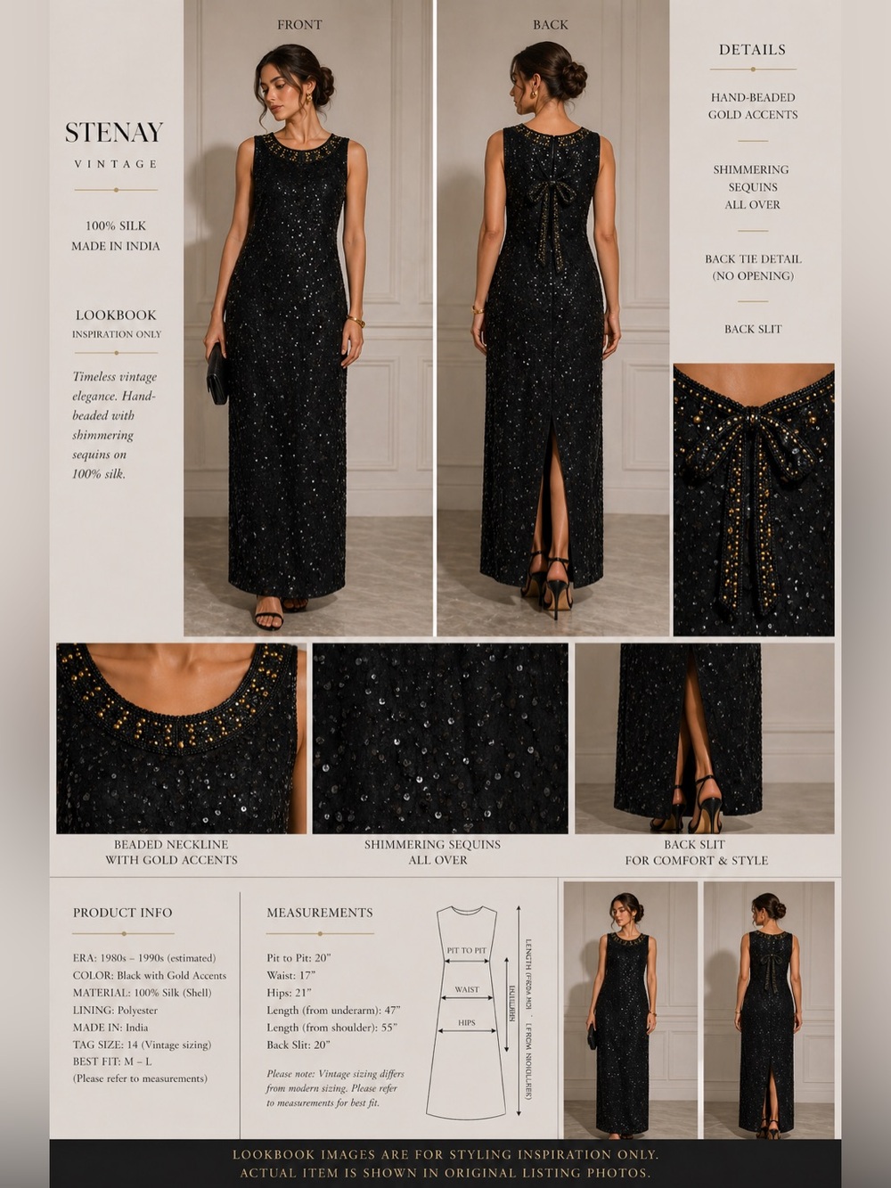Stenay 100% Silk Beaded Maxi Dress Black Gold Vintage Evening Gown